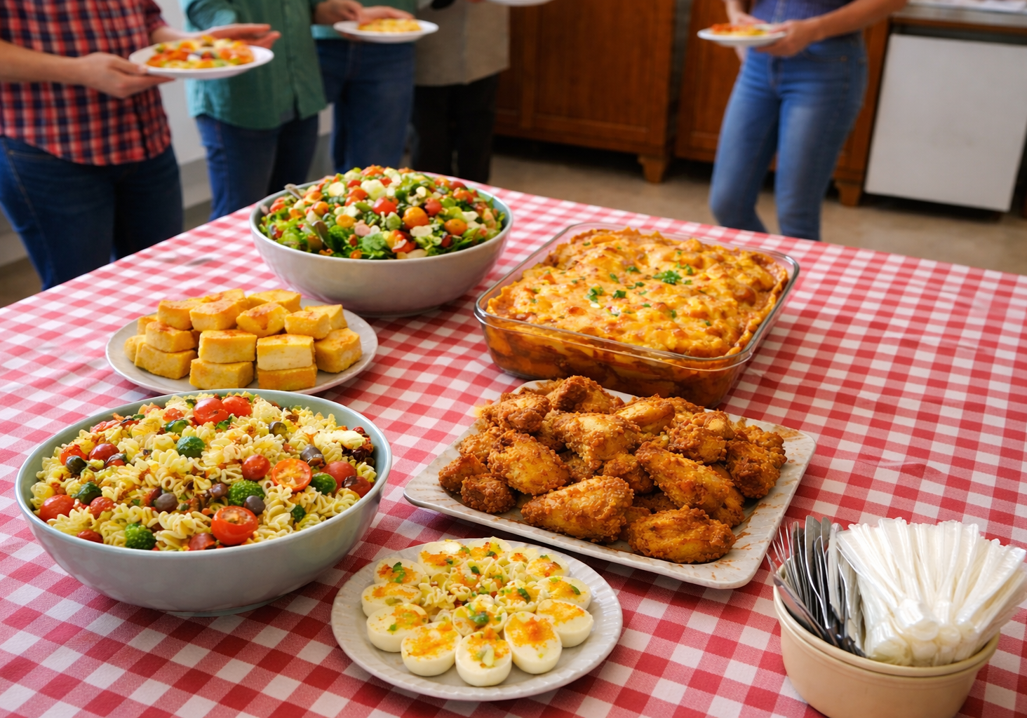 Potluck feast on checkered tablecloth